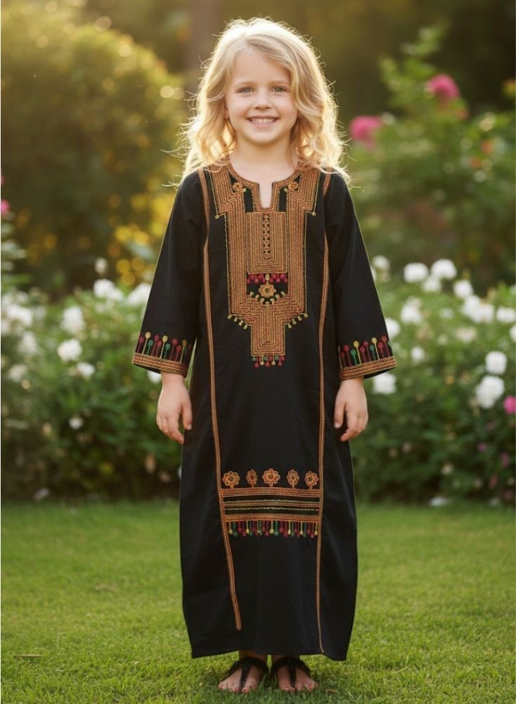 Premium Asiri Kids Tatreez Embroidered Maxi Jalabiya Dress for Girls – Elegant Black Long Dress for Traditional Saudi Arabia Foundation Day - Image 3